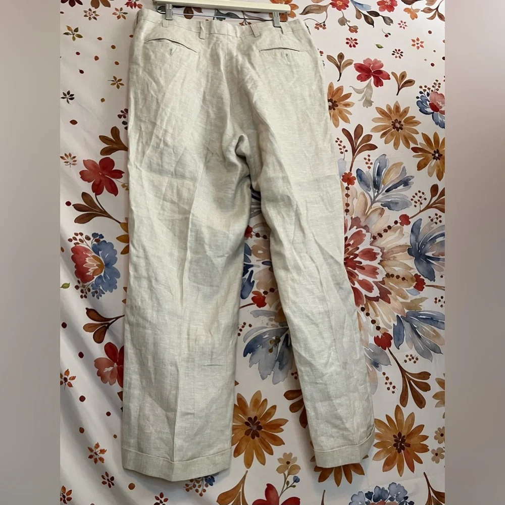 Charleston Khakis 35R Subtle Chevron Pleated Cuffed Beige Preppy Casual Pants